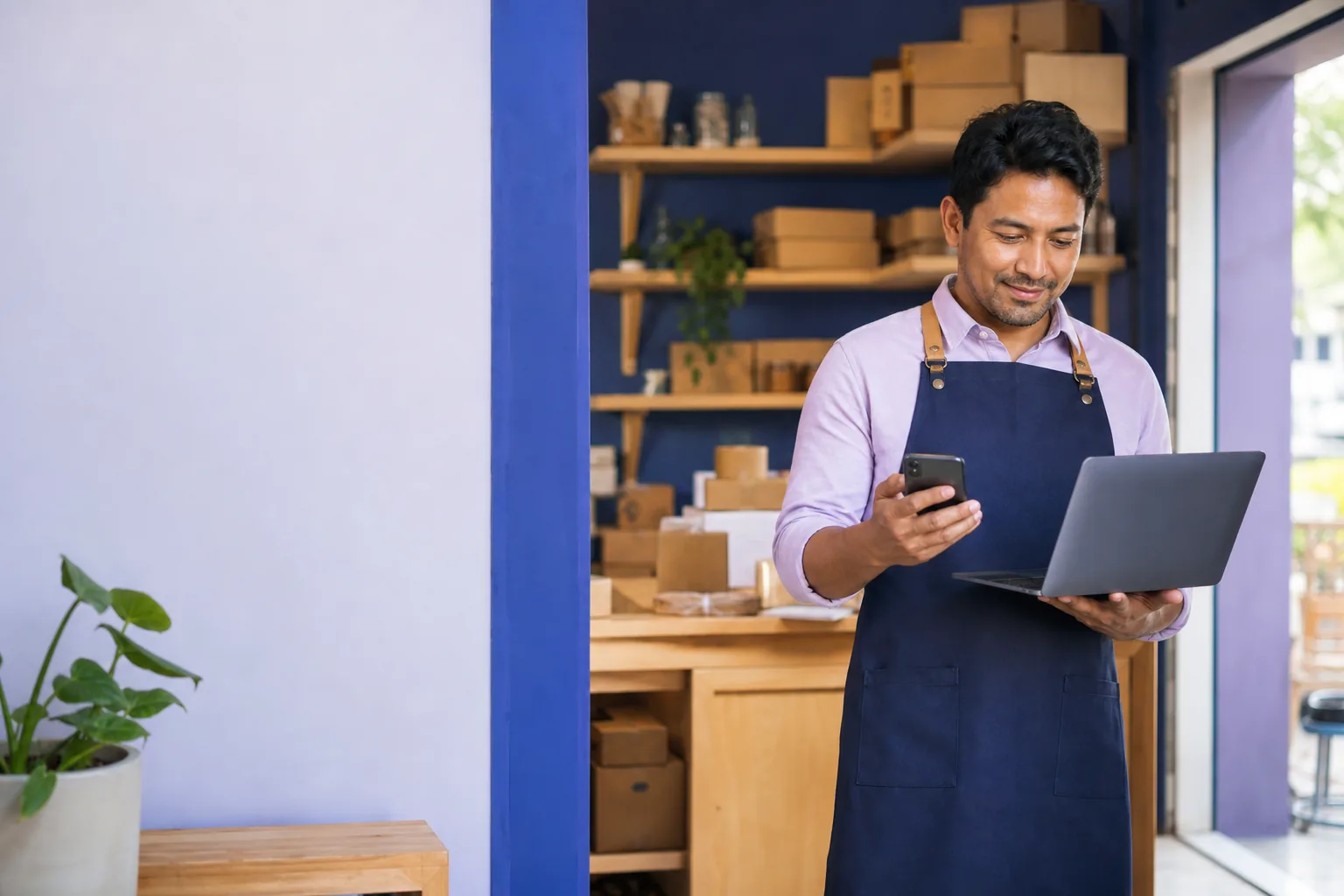 Emprendedor revisando pedidos desde su laptop y celular