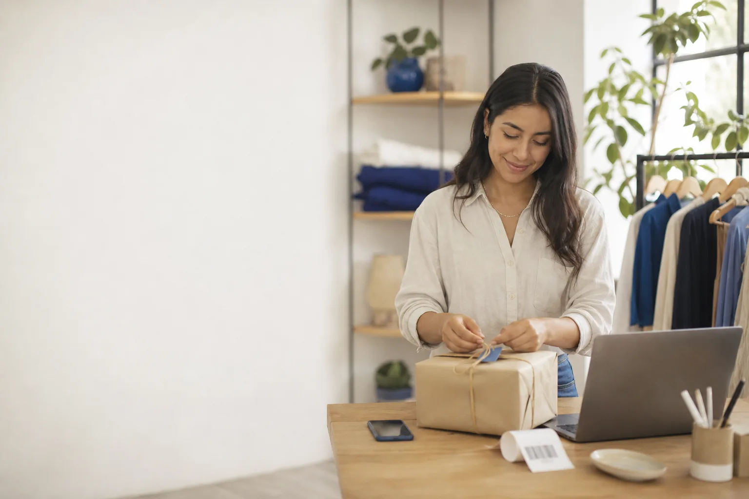 Emprendedora preparando un pedido de su tienda online